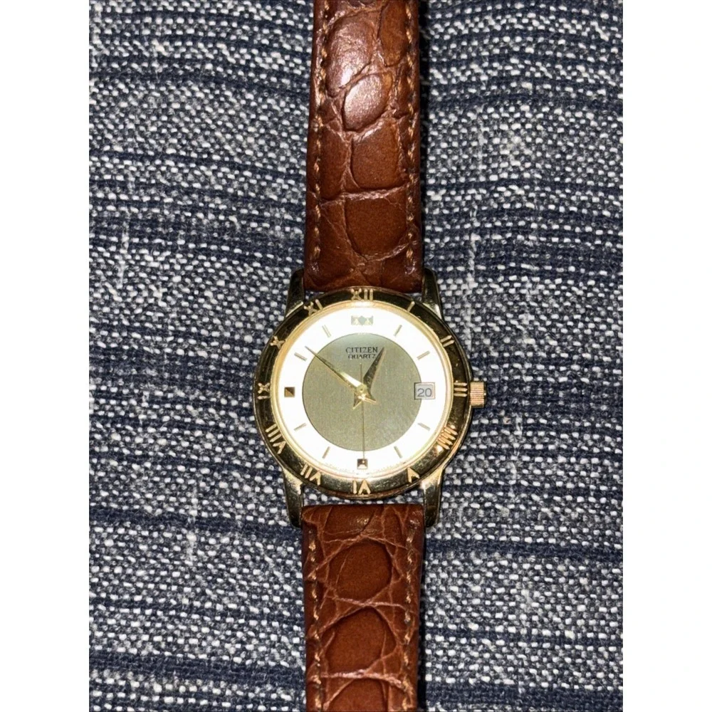 Citizen Ladies Vintage Gold Plated Wrist Watch Silver Dial Genuine Leather Brown